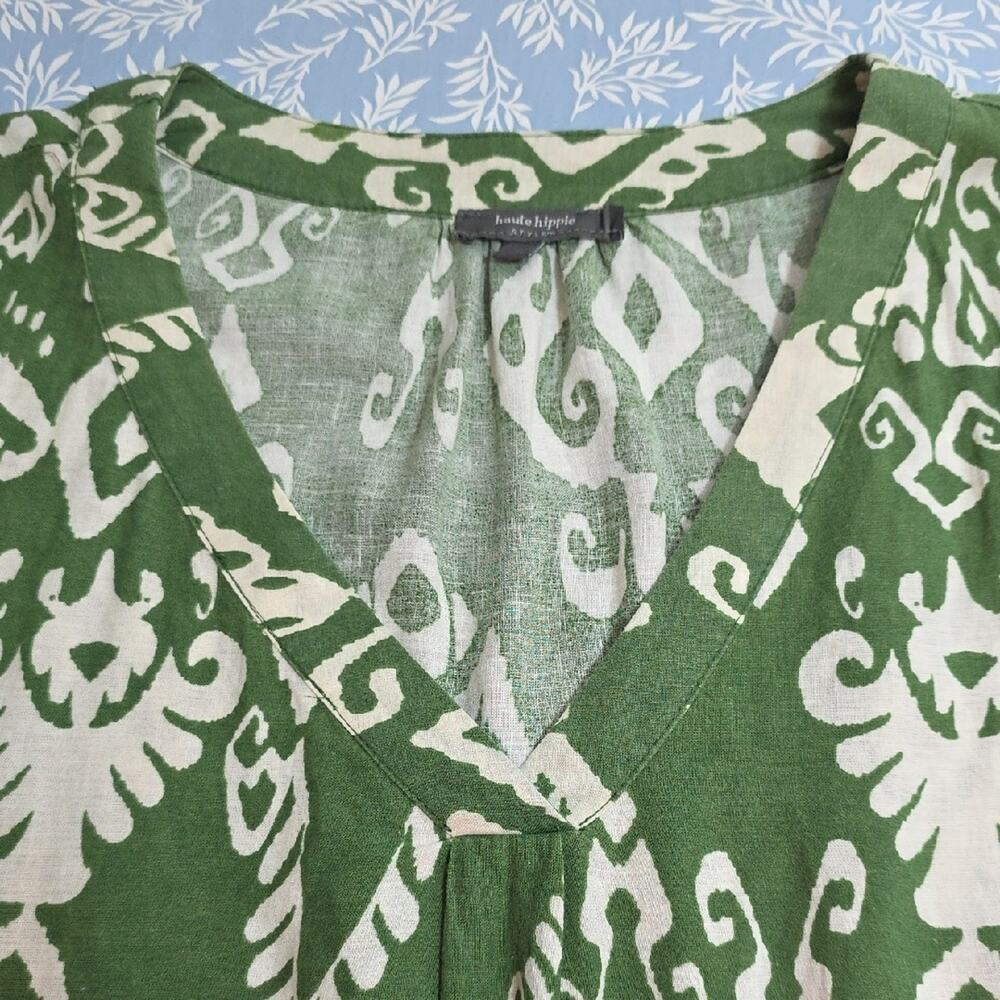 Womens Sz 1X Green/White Ikat BOHO Flutter Sleeve Linen Blend Haute Hippie Top - Picture 7 of 12